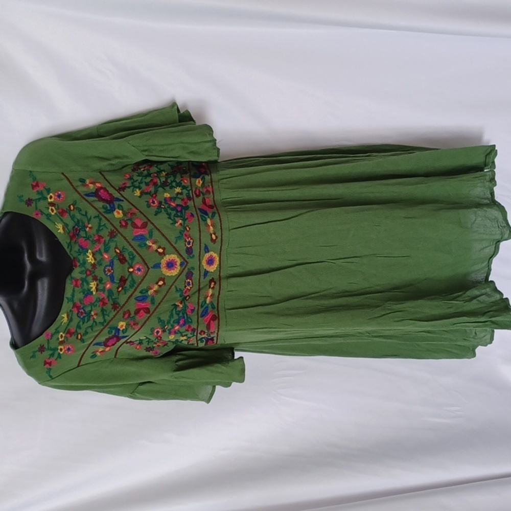Peasant style dress with gypsy bell sleeves in olive green in size medium lined